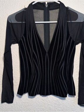 Lillie Rubin Black Sheer-Sleeve V-Neck Top